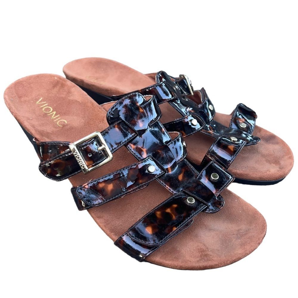 VIONIC Women's "RADIA" Brown Tortoiseshell Straps Wedge Slide Sandals US 7.5